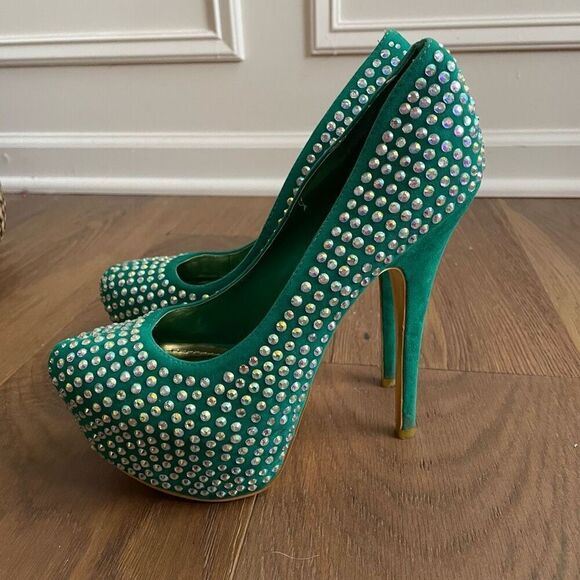 Alba Green Iridescent Rhinestone Bling Stiletto Platform Pleaser Heels 7.5 - Picture 1 of 10
